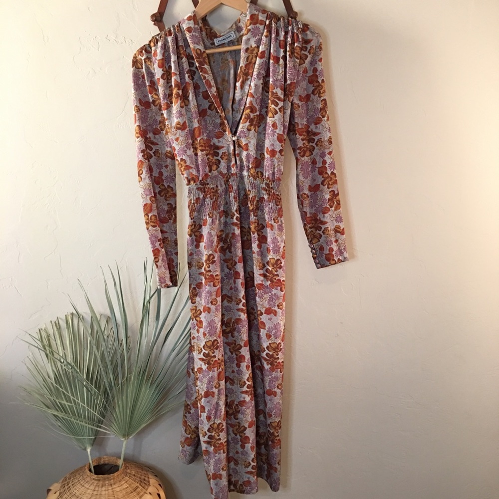 Vintage 60s 70s Silk long sleeve floral midi dress